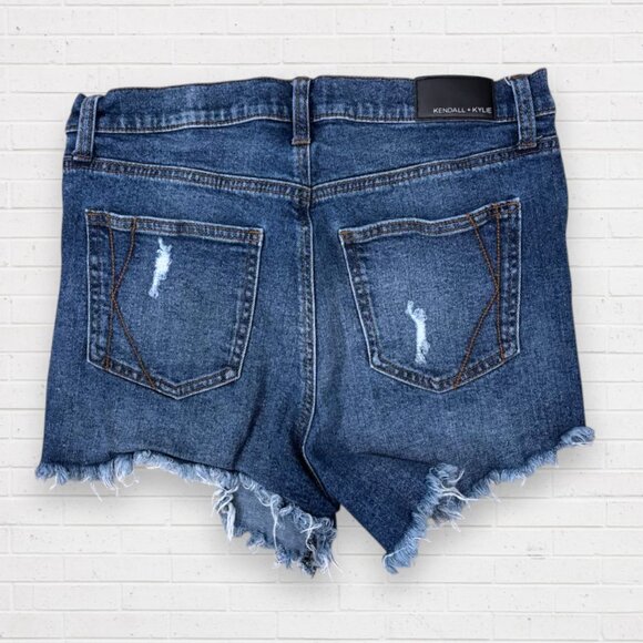 KENDALL & KYLIE The Icon Distressed Frayed Stretch Denim Jean Shorts Size 11/30 - Picture 2 of 6